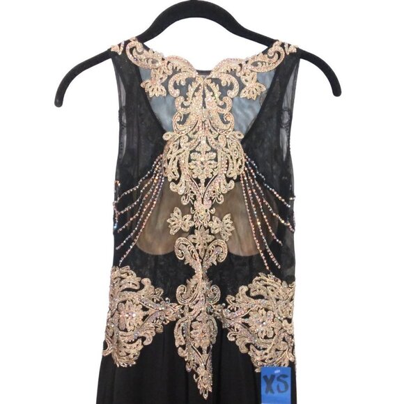 BLACK AND GOLD CRYSTAL EMBELLISHED SLEEVELESS EVENING GOWN PARTY DRESS - Picture 4 of 9